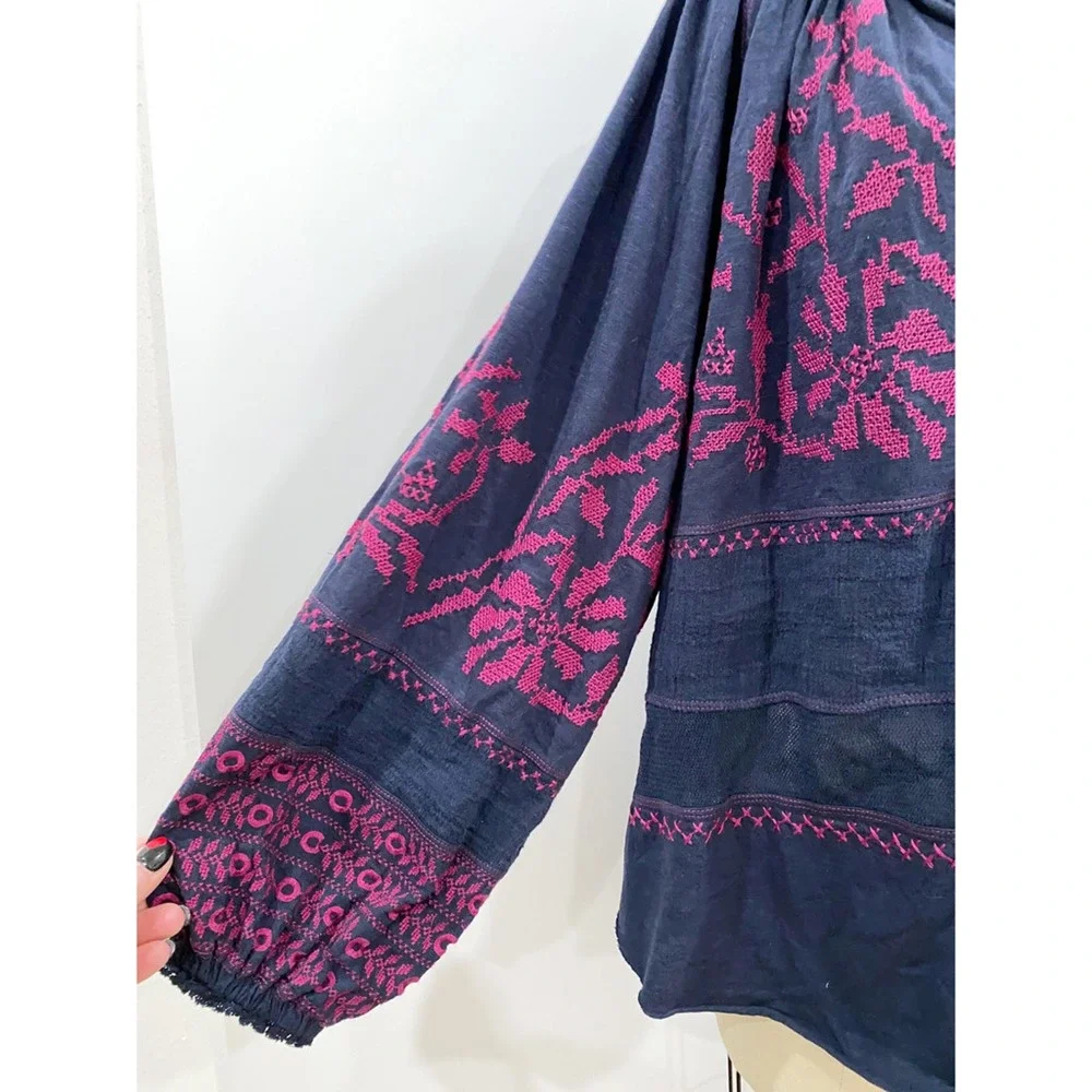 Free People Womens Tunic Top Blue Long Sleeve Peasant V Neck Embroidered Boho S - Picture 3 of 6